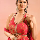 Coral Pink Paisley Printed Halter Peplum Set With Flared Pants