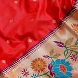 Bright Red Gold Zari Floral Butti Pure Silk Paithani Saree With Multicolour Lotus Floral Beige Pallu