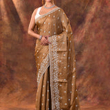 Tawny Brown Floral Embroidered Silk Blend Saree