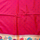 Bright Red Gold Zari Floral Butti Pure Silk Paithani Saree With Multicolour Lotus Floral Beige Pallu