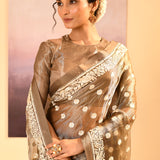 Earthy Green Tissue Embroidered Saree