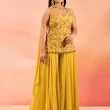 Golden Yellow Floral Embroidery Straight Cut Palazzo