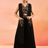 Midnight Black Geometric Embroidery Long Jacket