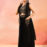 Midnight Black Geometric Embroidery Long Jacket