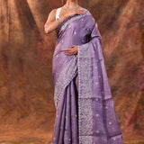 Dark Lavender Floral Embroidered Silk Blend Saree
