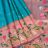 Turquoise Blue Gold Zari Paithani Silk Saree With Floral Pallu