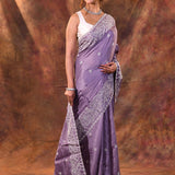 Dark Lavender Floral Embroidered Silk Blend Saree