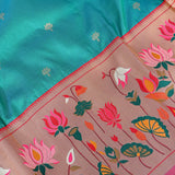 Turquoise Blue Gold Zari Paithani Silk Saree With Floral Pallu