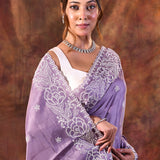 Dark Lavender Floral Embroidered Silk Blend Saree