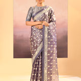 Metallic Silver Blue Tissue Embroidered Saree