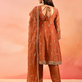Rust Orange With Butti And Embroidery Border Straight Cut Tissue Suit