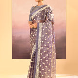 Metallic Silver Blue Tissue Embroidered Saree