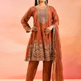 Rust Orange With Butti And Embroidery Border Straight Cut Tissue Suit