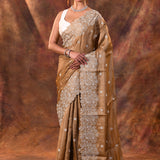 Dark Beige Floral Silk Blend Saree