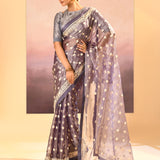 Metallic Silver Blue Tissue Embroidered Saree