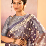 Metallic Silver Blue Tissue Embroidered Saree