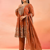 Rust Orange With Butti And Embroidery Border Straight Cut Tissue Suit