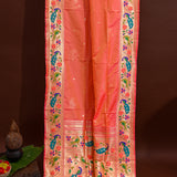 Vibrant Peach Paithani Weave Saree With Gold Zari Peacock Border