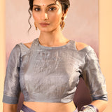 Metallic Silver Blue Tissue Embroidered Saree