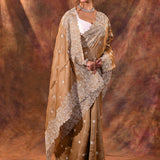 Dark Beige Floral Silk Blend Saree
