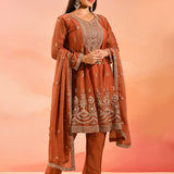 Rust Orange With Butti And Embroidery Border Straight Cut Tissue Suit