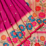 Magenta Paithani Silk Saree With Multicolour Lotus & Floral Weave Pallu