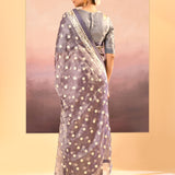 Metallic Silver Blue Tissue Embroidered Saree