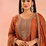 Rust Orange With Butti And Embroidery Border Straight Cut Tissue Suit