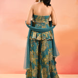 Teal Paisley Printed Halter Peplum Set With Flared Pants