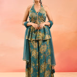 Teal Paisley Printed Halter Peplum Set With Flared Pants