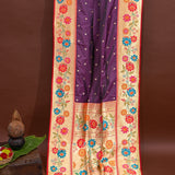Purple Banarasi Silk Saree With Paithani Floral Weave Pallu & Contrast Border
