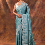 Light Sea Green Floral Embroidered Silk Blend Saree