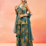 Teal Paisley Printed Halter Peplum Set With Flared Pants
