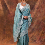 Light Sea Green Floral Embroidered Silk Blend Saree