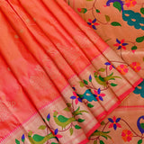 Vibrant Peach Paithani Weave Saree With Gold Zari Peacock Border