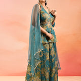 Teal Paisley Printed Halter Peplum Set With Flared Pants
