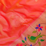 Vibrant Peach Paithani Weave Saree With Gold Zari Peacock Border
