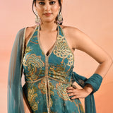 Teal Paisley Printed Halter Peplum Set With Flared Pants