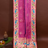 Purple & Pink Paithani Silk Saree With Bird & Floral Weave Pallu & Gold Zari Border
