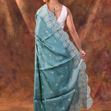 Light Sea Green Floral Embroidered Silk Blend Saree
