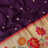 Purple Banarasi Silk Saree With Paithani Floral Weave Pallu & Contrast Border