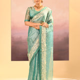 Mint Green Tissue Embroidered Saree
