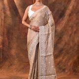 Pale Brown Floral Silk Blend Saree