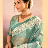 Mint Green Tissue Embroidered Saree