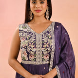 Imperial Purple Embroidered Blended Silk Anarkali Set