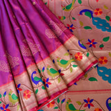 Purple & Pink Paithani Silk Saree With Bird & Floral Weave Pallu & Gold Zari Border