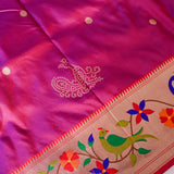 Purple & Pink Paithani Silk Saree With Bird & Floral Weave Pallu & Gold Zari Border