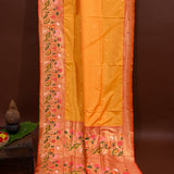 Marigold Yellow Gold Zari Floral Butti Pure Silk Paithani Saree With Multicolour Lotus Bird Copper Pallu