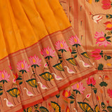 Marigold Yellow Gold Zari Floral Butti Pure Silk Paithani Saree With Multicolour Lotus Bird Copper Pallu
