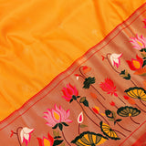 Marigold Yellow Gold Zari Floral Butti Pure Silk Paithani Saree With Multicolour Lotus Bird Copper Pallu
